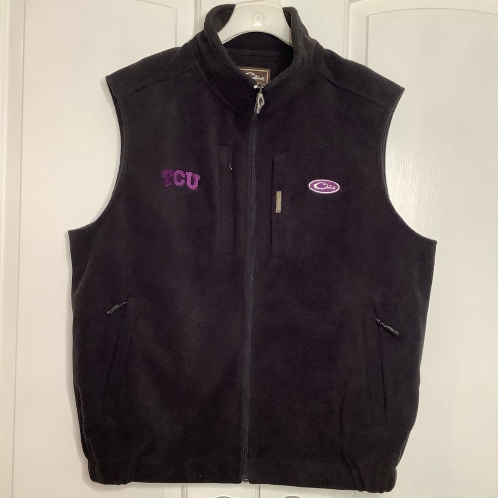 DRAKE TCU Embroidered Black Hunting Fleece Weather Resistant Vest Front Zip
